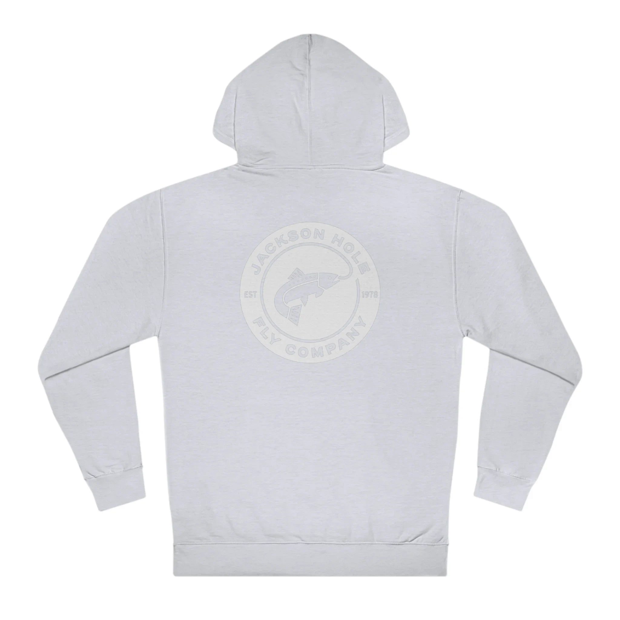 JHFLYCO Circle Badge Hoodie – White Logo – Jackson Hole Fly Company