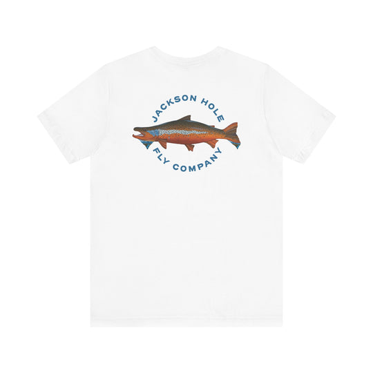 JHFLYCO Teton Brown Trout Badge Tee - Hackle Blue Logo