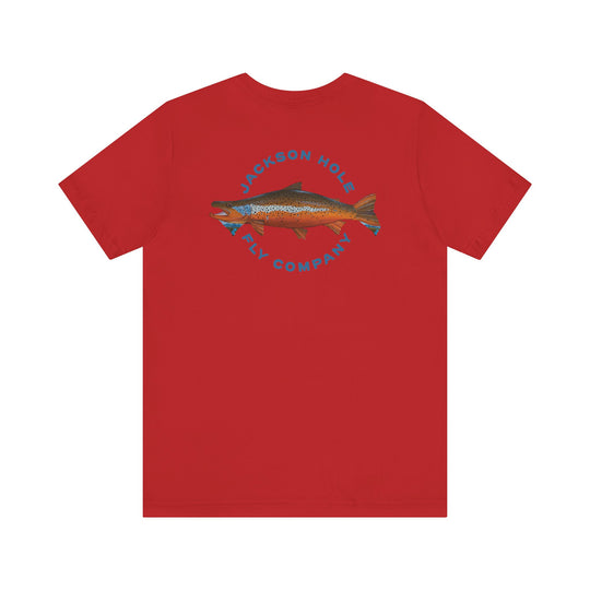 JHFLYCO Teton Brown Trout Badge Tee - Hackle Blue Logo