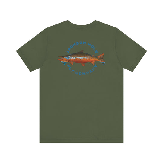 JHFLYCO Teton Brown Trout Badge Tee - Hackle Blue Logo