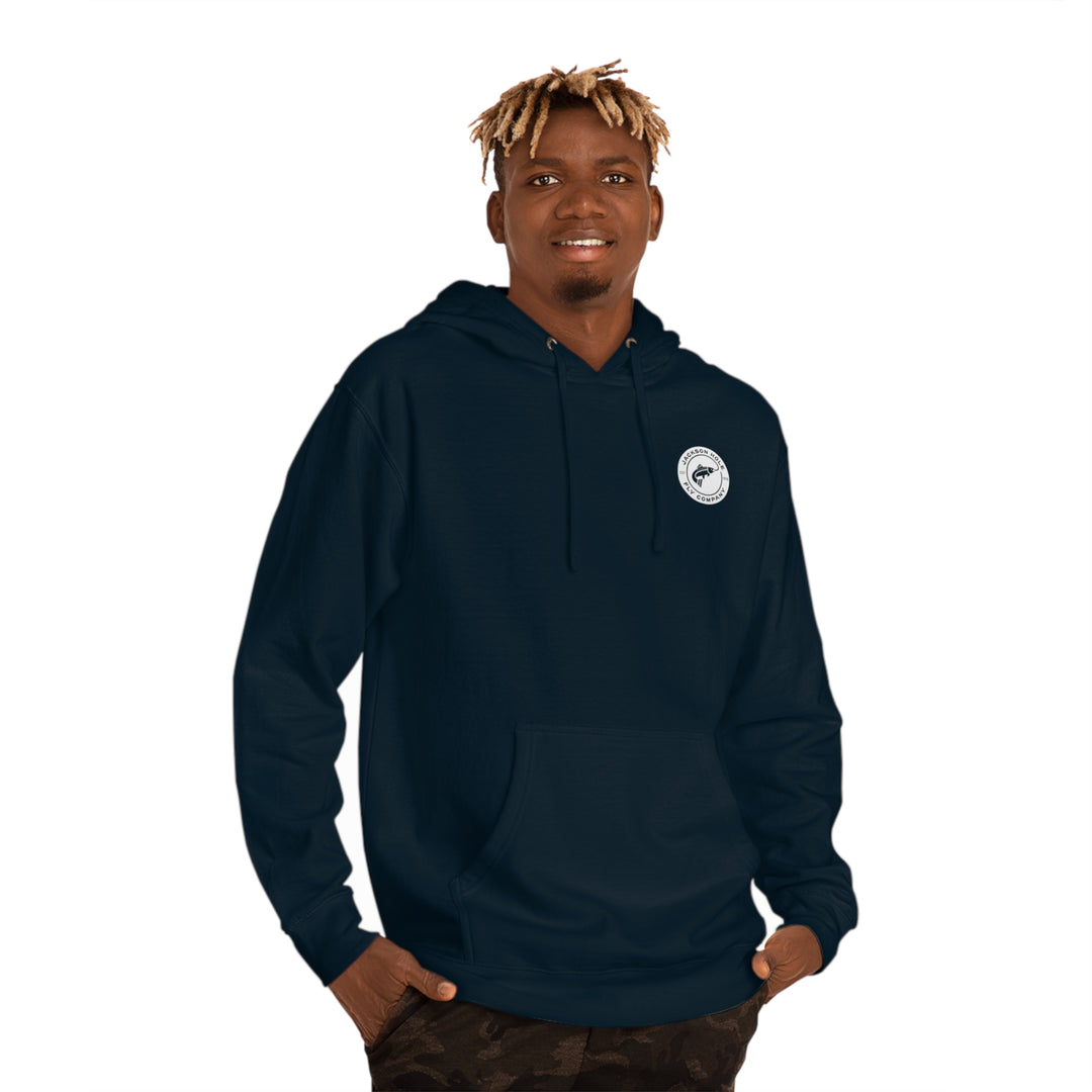 JHFLYCO Round Badge Hoodie – White Logo