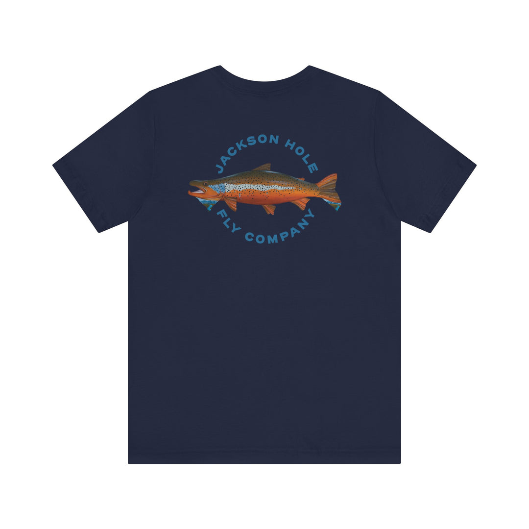 JHFLYCO Teton Brown Trout Badge Tee - Hackle Blue Logo