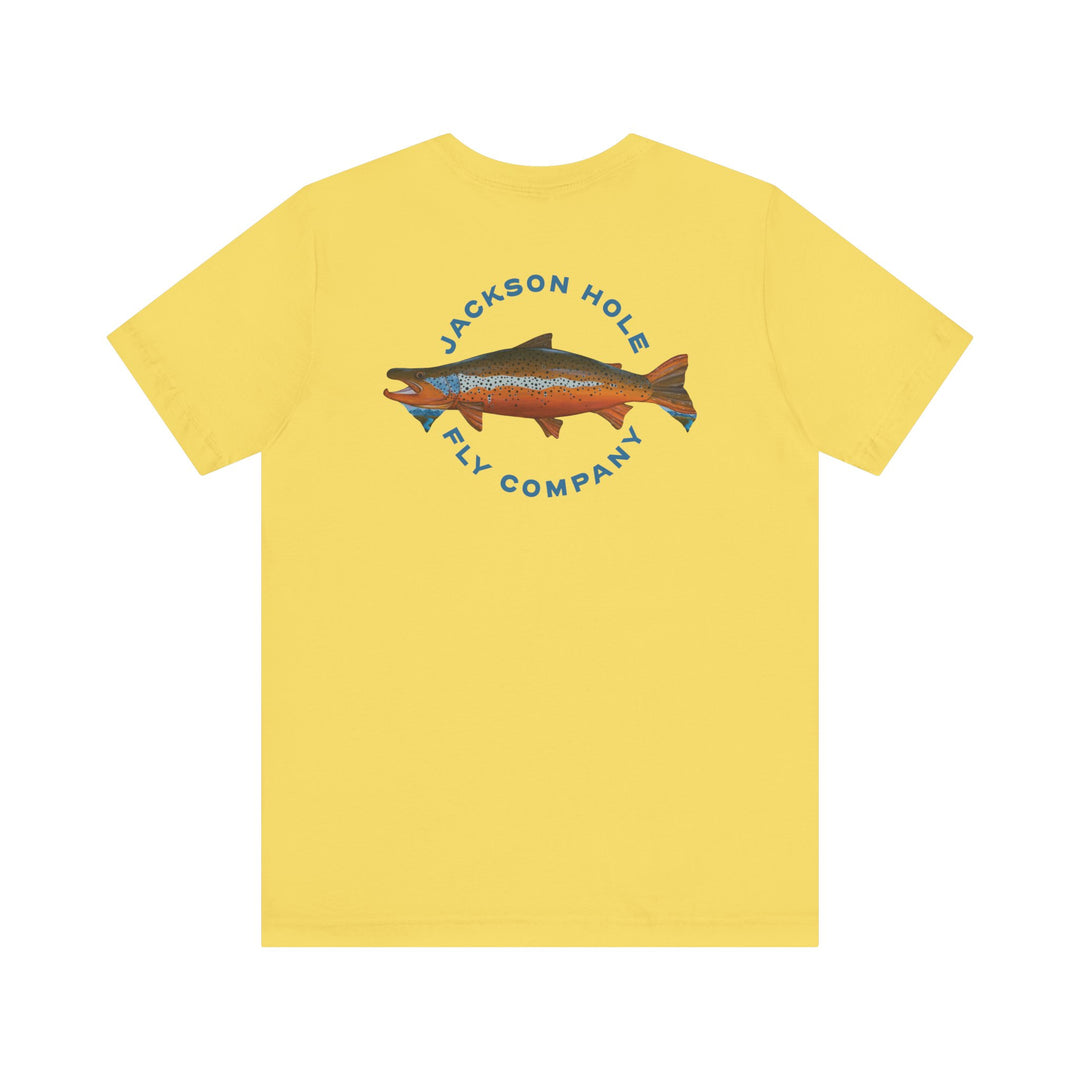 JHFLYCO Teton Brown Trout Badge Tee - Hackle Blue Logo