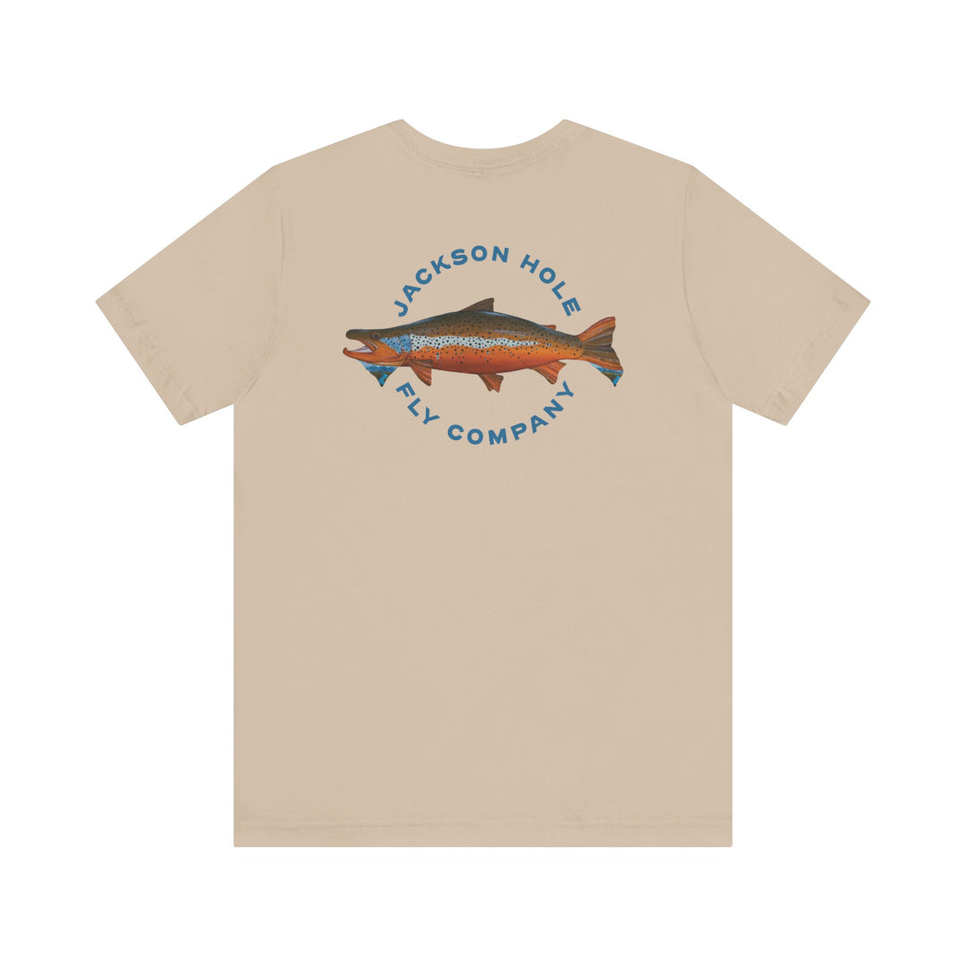 JHFLYCO Teton Brown Trout Badge Tee - Hackle Blue Logo