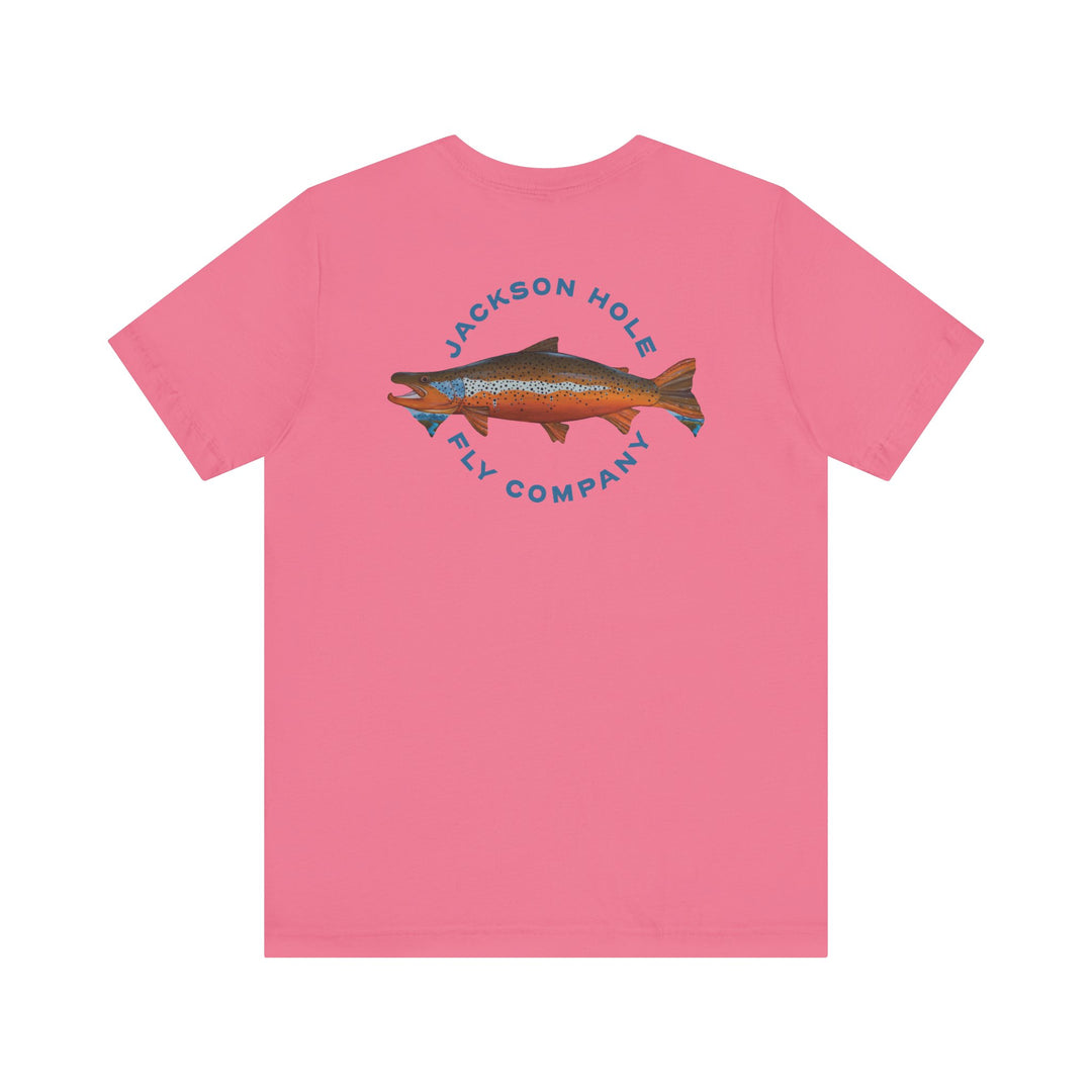 JHFLYCO Teton Brown Trout Badge Tee - Hackle Blue Logo