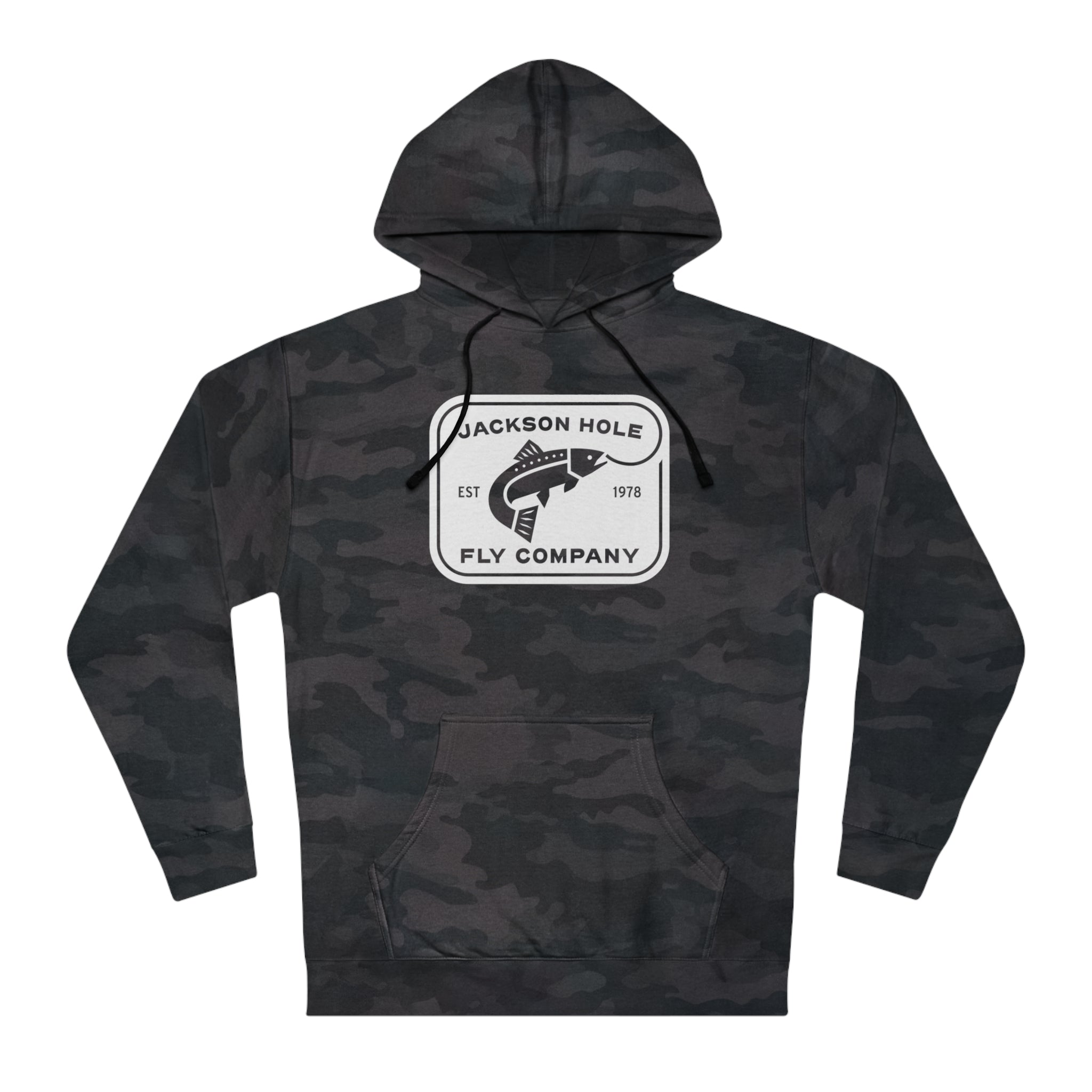 JHFLYCO Rectangle Badge Hoodie – White Logo – Jackson Hole Fly Company