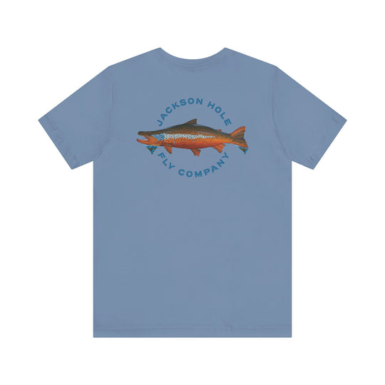 JHFLYCO Teton Brown Trout Badge Tee - Hackle Blue Logo