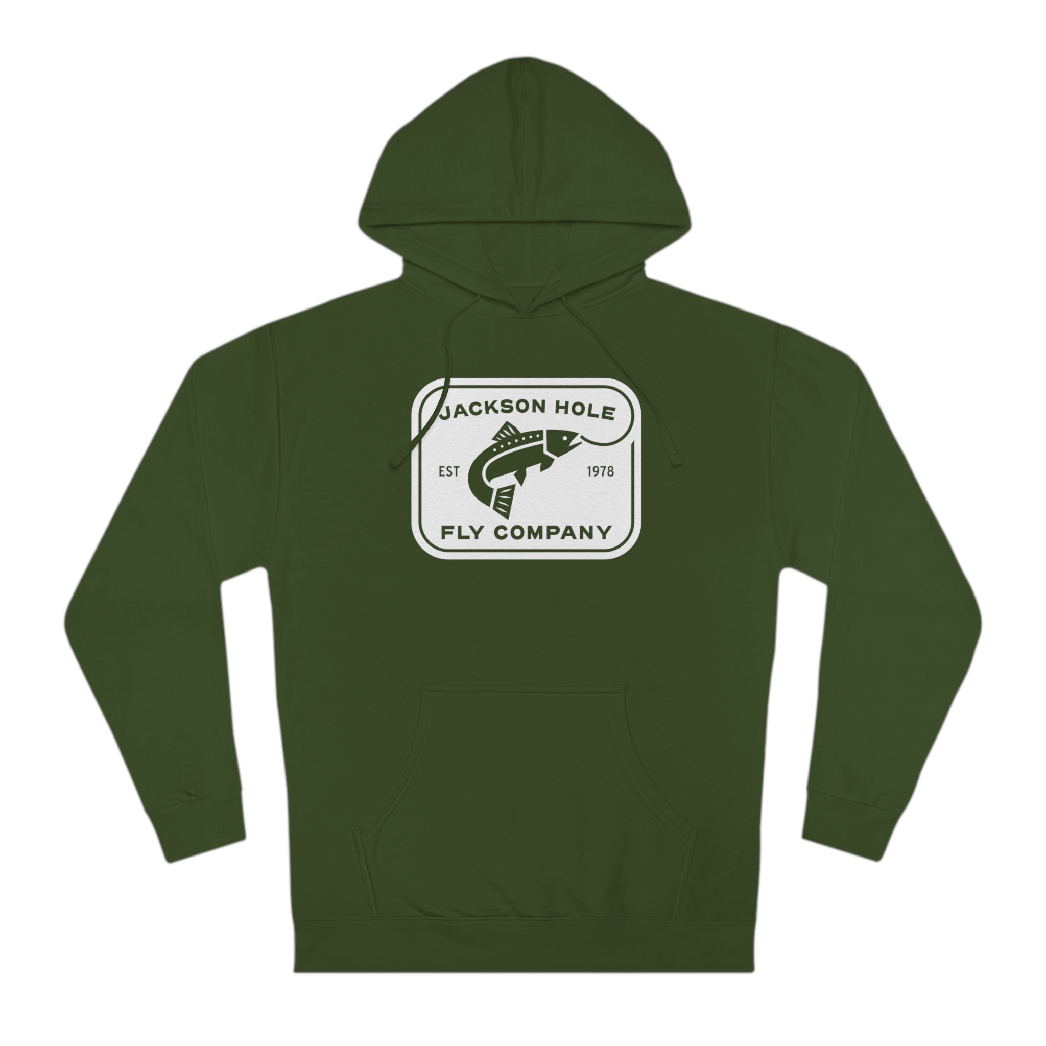 JHFLYCO Rectangle Badge Hoodie – White Logo – Jackson Hole Fly Company