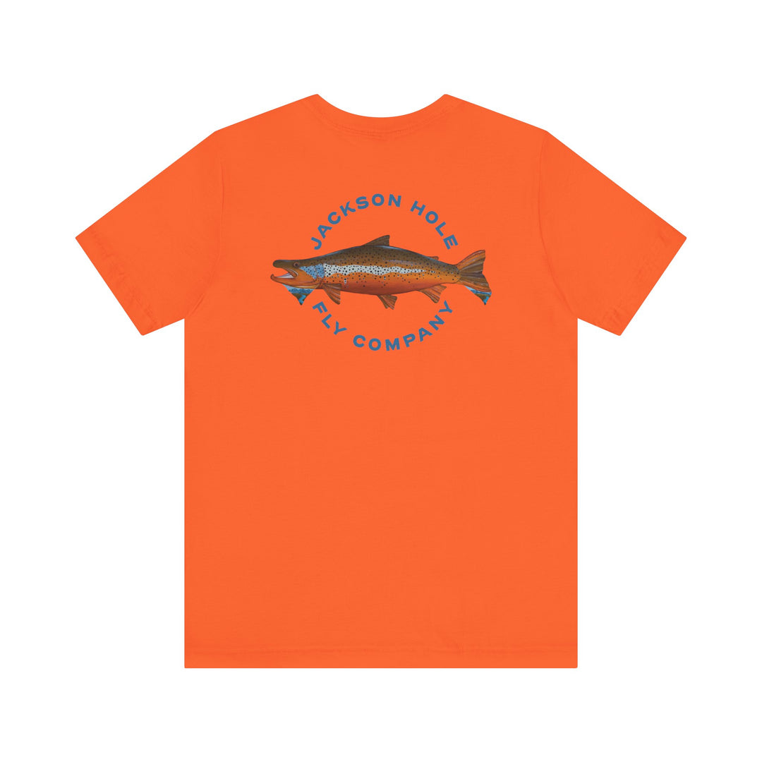 JHFLYCO Teton Brown Trout Badge Tee - Hackle Blue Logo