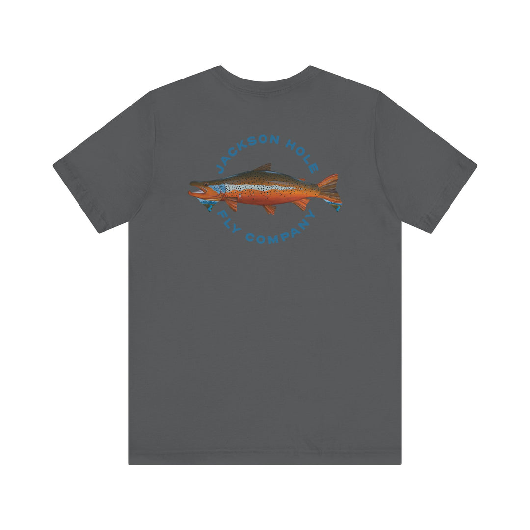 JHFLYCO Teton Brown Trout Badge Tee - Hackle Blue Logo