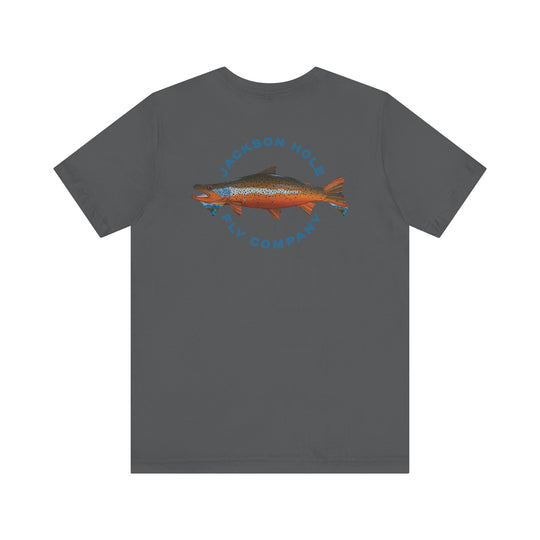 JHFLYCO Teton Brown Trout Badge Tee - Hackle Blue Logo