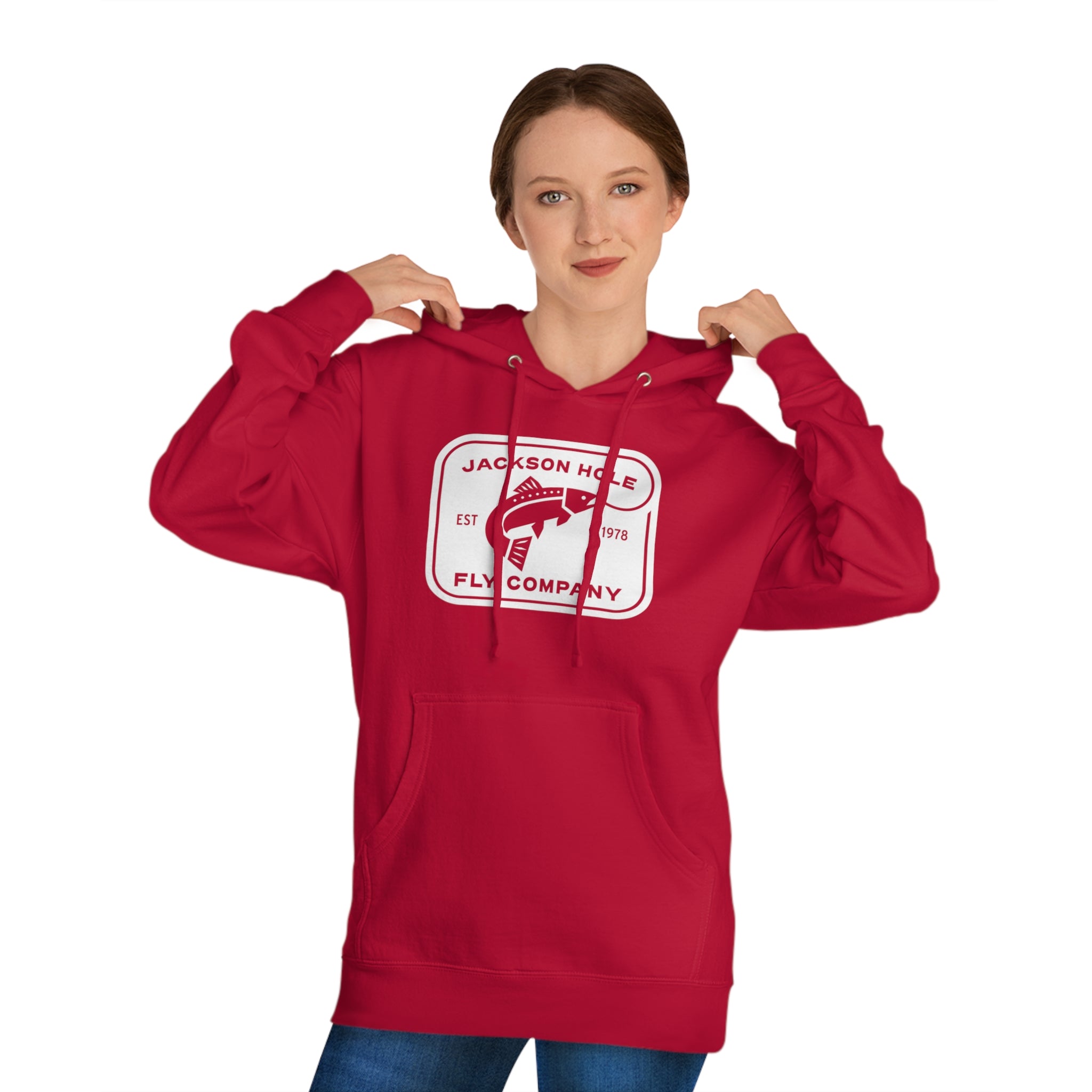 JHFLYCO Rectangle Badge Hoodie – White Logo – Jackson Hole Fly Company
