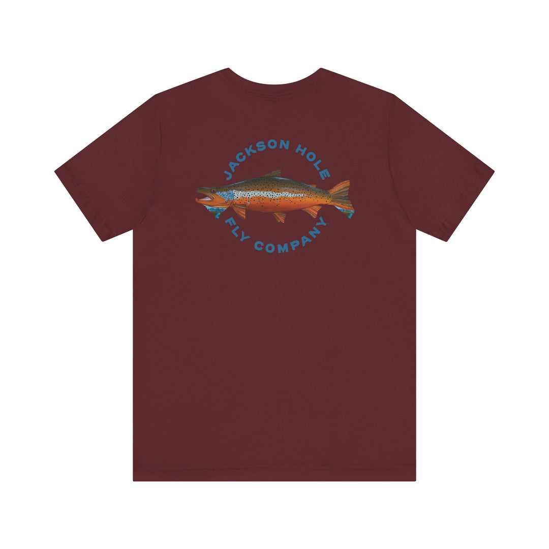 JHFLYCO Teton Brown Trout Badge Tee - Hackle Blue Logo