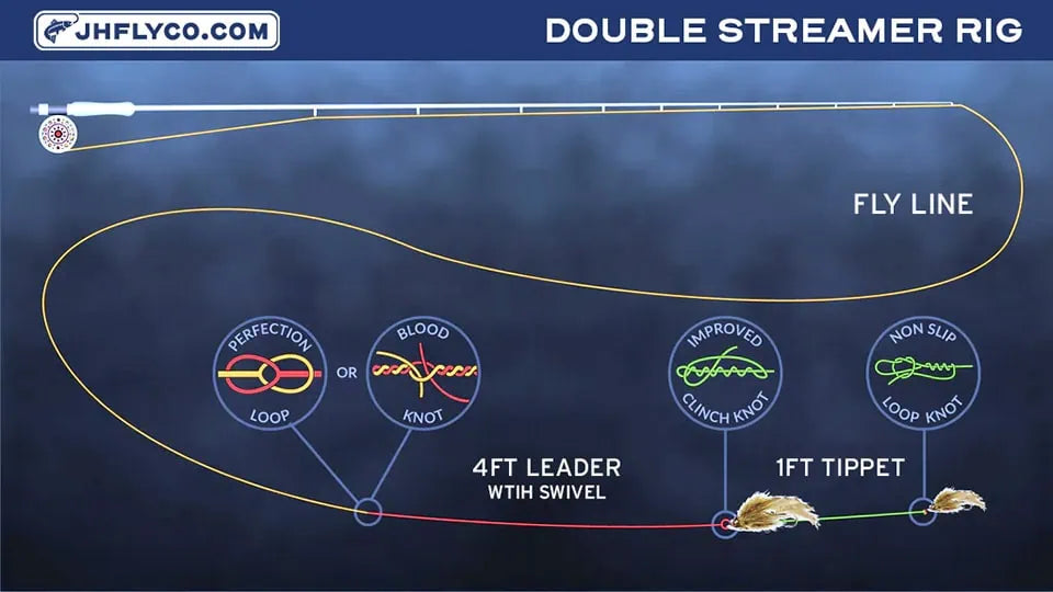 Diagram of a double streamer rig with a lead streamer on a short leader and a second streamer tied to its hook bend on 12 to 18 inches of tippet | Jackson Hole Fly Company