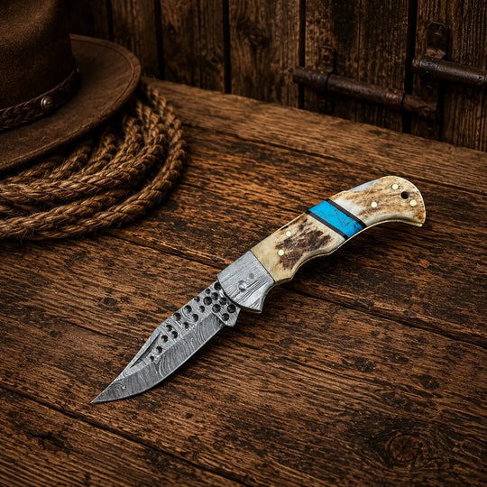 Cowboy Damascus Steel Folding Pocket Knife – Antler &amp; Turquoise Handle