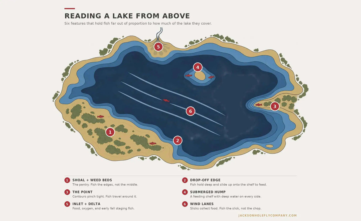 Overhead map of a trout lake showing shoals, drop-off edge, point, submerged hump, inlet and wind lanes | Jackson Hole Fly Company