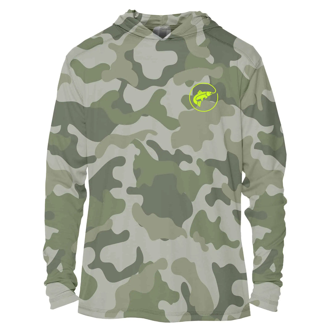 JHFLYCO Sun Hoodie, Green Camo, Sun Protection | Jackson Hole Fly Company