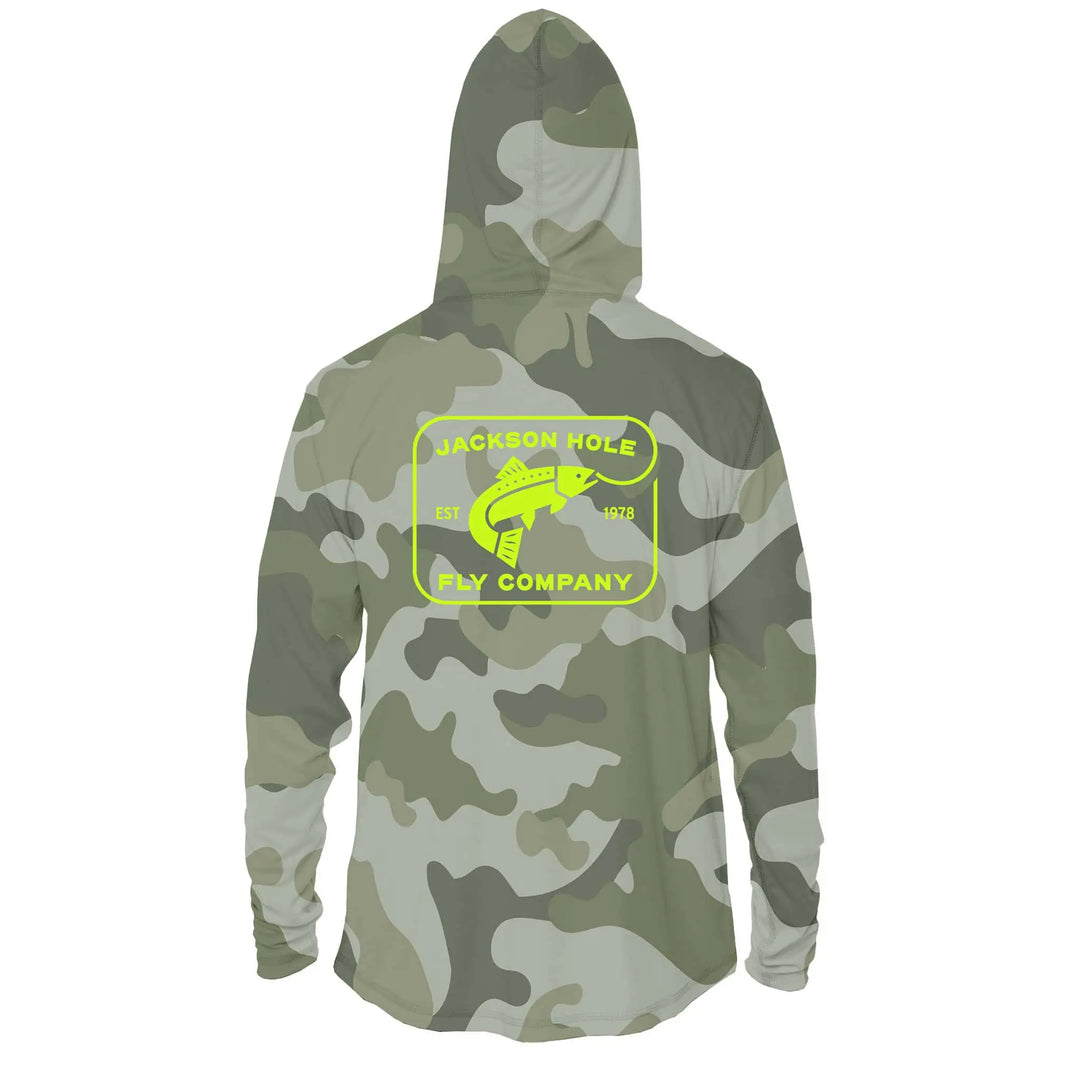 JHFLYCO Sun Hoodie, Green Camo, Sun Protection | Jackson Hole Fly Company