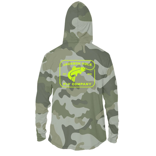 JHFLYCO Sun Hoodie, Green Camo, Sun Protection | Jackson Hole Fly Company