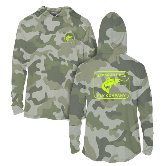 JHFLYCO Sun Hoodie, Green Camo, Sun Protection | Jackson Hole Fly Company