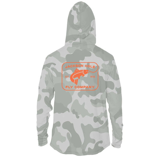 JHFLYCO Sun Hoodie, Gray Camo, Sun Protection | Jackson Hole Fly Company