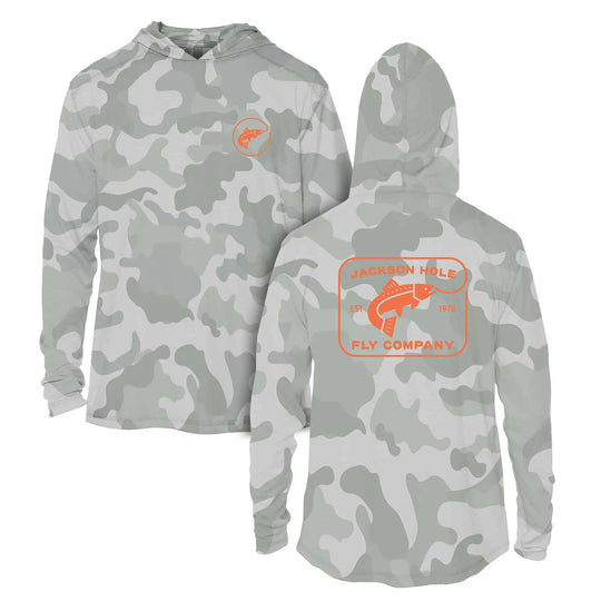 JHFLYCO Sun Hoodie, Gray Camo, Sun Protection | Jackson Hole Fly Company
