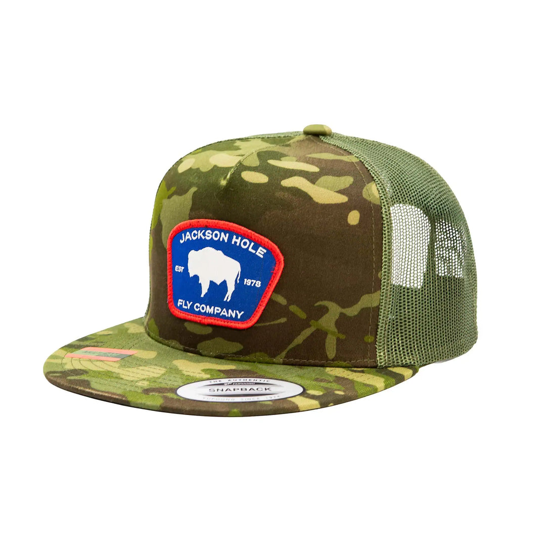 JHFLYCO Wyoming Bison High Crown Trucker Hat in MultiCam camouflage with woven bison patch, flat bill, and mesh back.