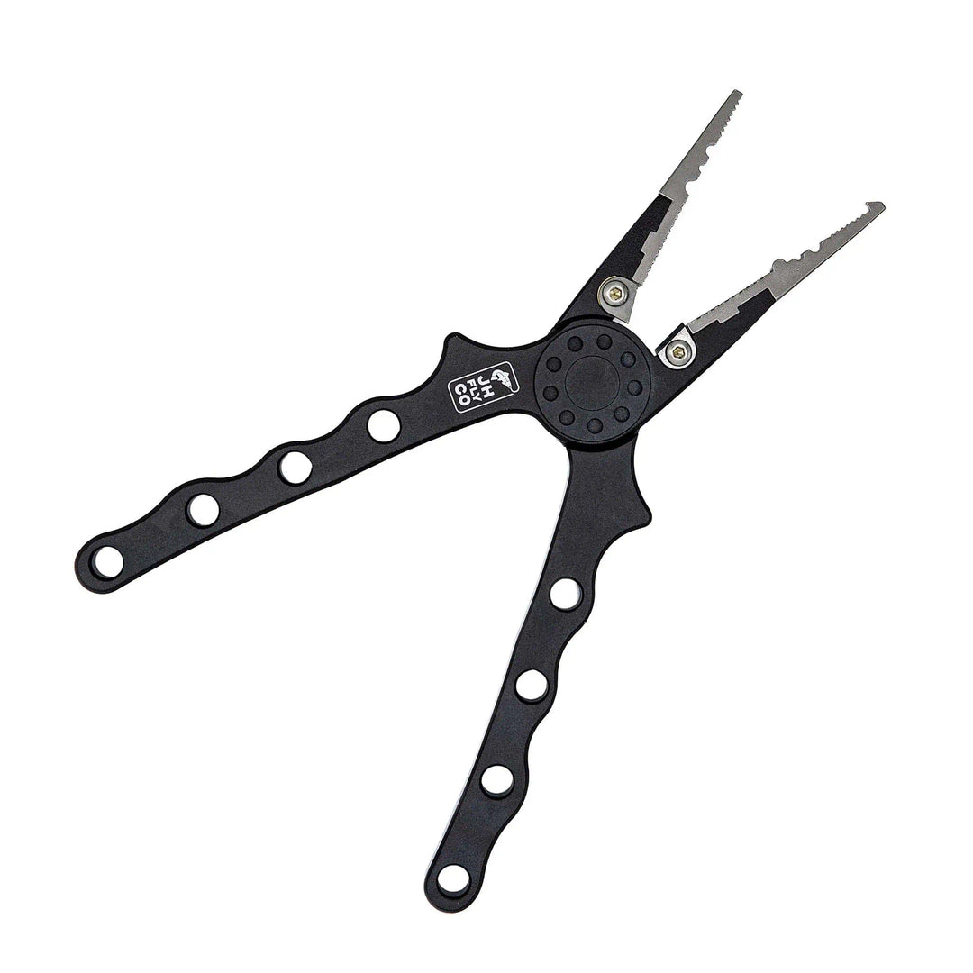 JHFLYCO Aluminum Fishing Pliers with tungsten carbide cutters, split-ring jaw, and black CNC-machined handles | Jackson Hole Fly Company