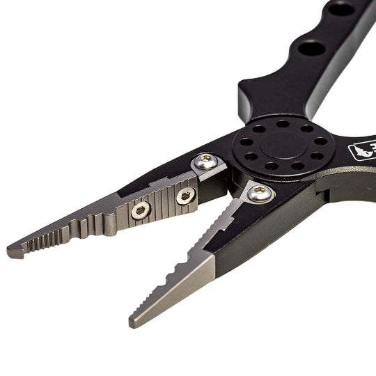 JHFLYCO Aluminum Fishing Pliers with tungsten carbide cutters, split-ring jaw, and black CNC-machined handles | Jackson Hole Fly Company