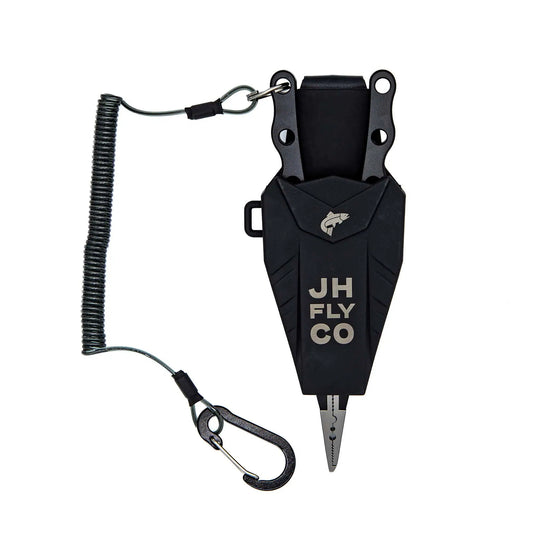 JHFLYCO Aluminum Fishing Pliers with tungsten carbide cutters, split-ring jaw, and black CNC-machined handles | Jackson Hole Fly Company