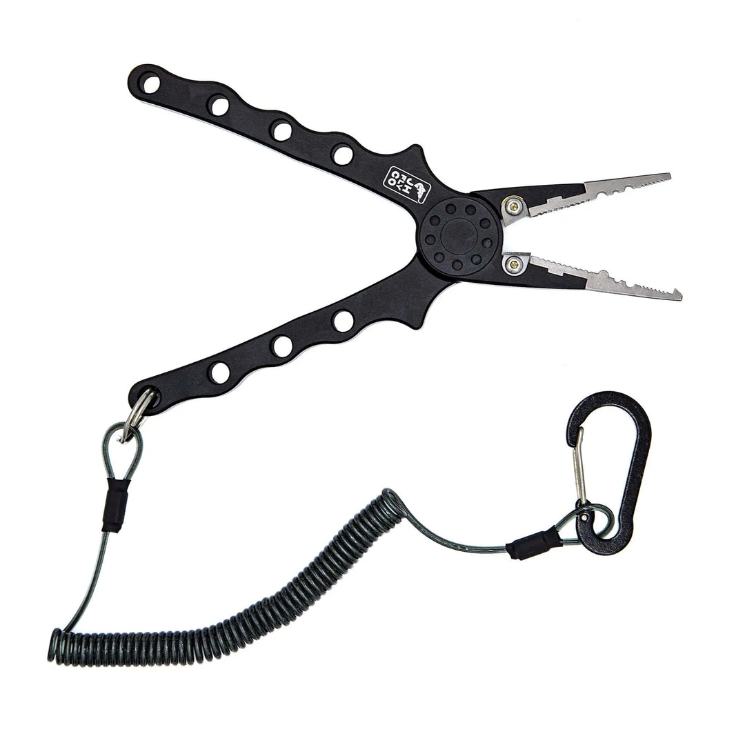 JHFLYCO Aluminum Fishing Pliers with tungsten carbide cutters, split-ring jaw, and black CNC-machined handles | Jackson Hole Fly Company