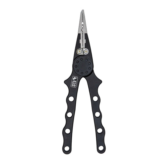 JHFLYCO Aluminum Fishing Pliers with tungsten carbide cutters, split-ring jaw, and black CNC-machined handles | Jackson Hole Fly Company