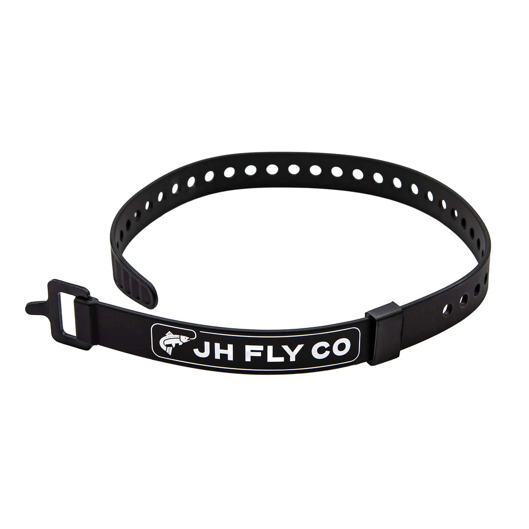 JHFLYCO 20" black stretch polyurethane gear strap with a black aluminum buckle and white JH FLY CO trout logo