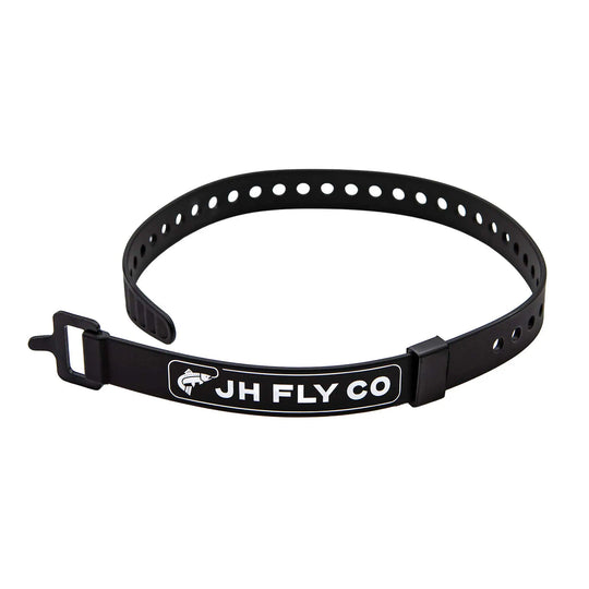 JHFLYCO 20" black stretch polyurethane gear strap with a black aluminum buckle and white JH FLY CO trout logo