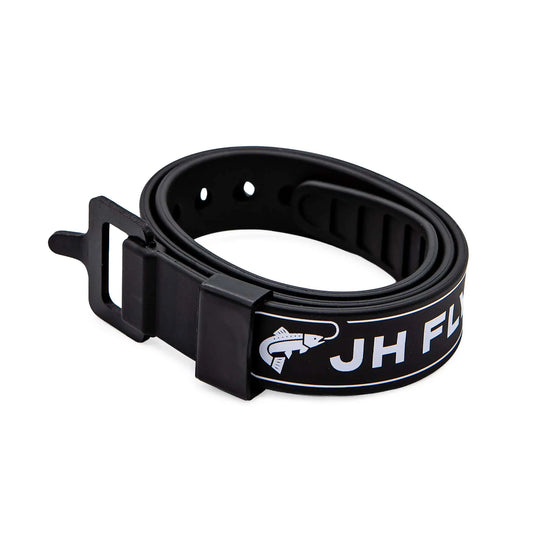 JHFLYCO 20" black stretch polyurethane gear strap with a black aluminum buckle and white JH FLY CO trout logo