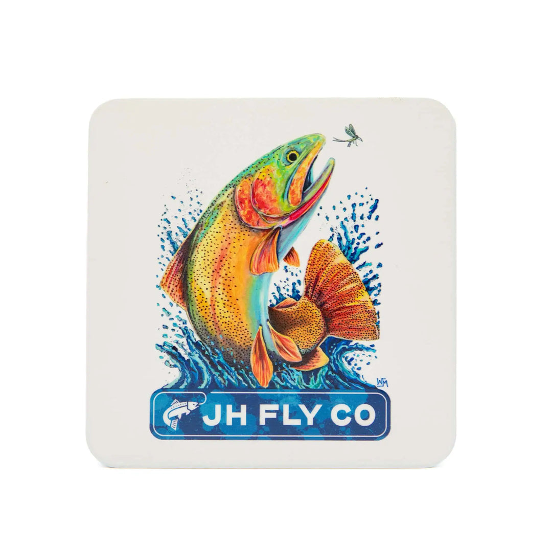 JHFLYCO Slim Metal Fly Box with leaping cutthroat artwork by Will Munford, blue water splashes, and a cream background
