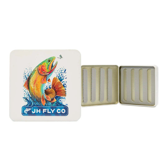JHFLYCO Slim Metal Fly Box with leaping cutthroat artwork by Will Munford, blue water splashes, and a cream background