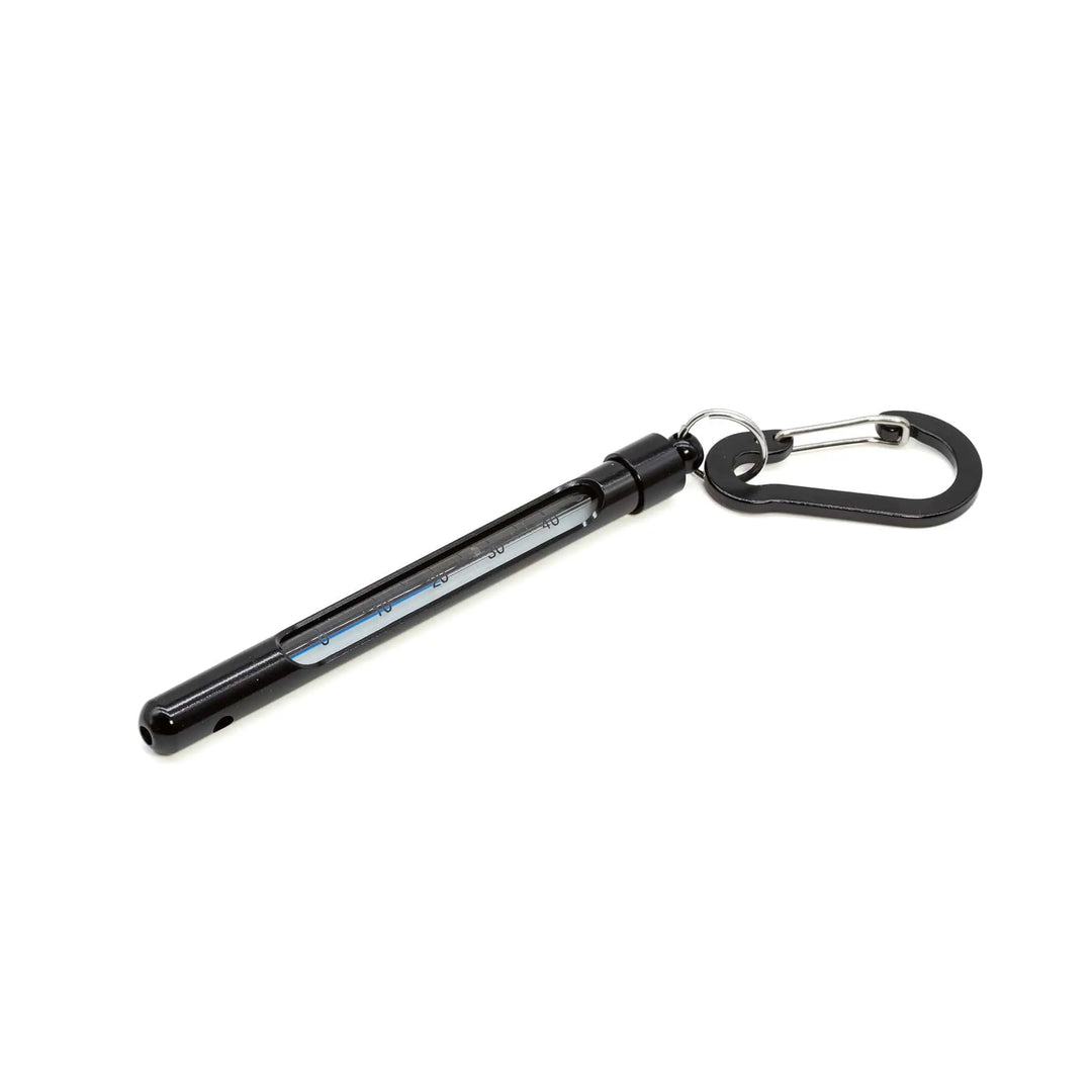 JHFLYCO Stream Thermometer with black aluminum housing, slotted protective cover, and integrated carabiner