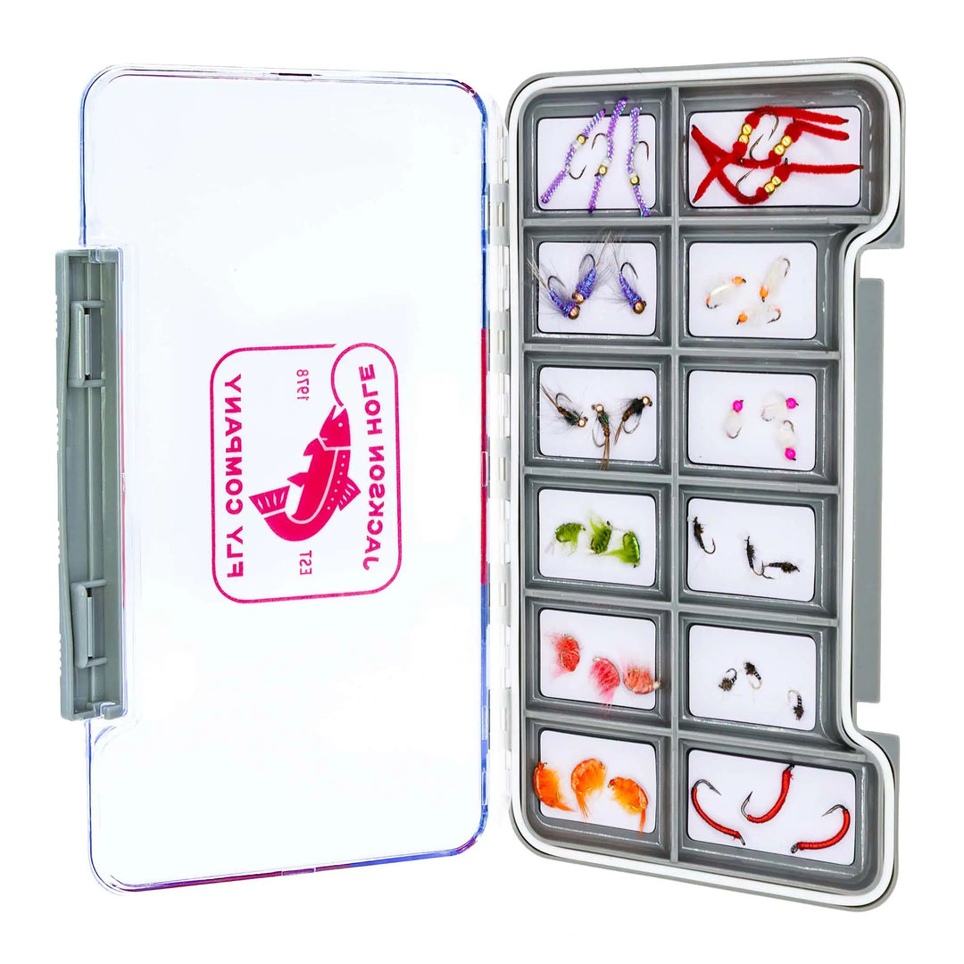 JHFLYCO Loaded Tailwater Nymph Assortment — 36 flies including scuds, Ray Charles sow bugs, worms and midges in a slim magnetic fly box