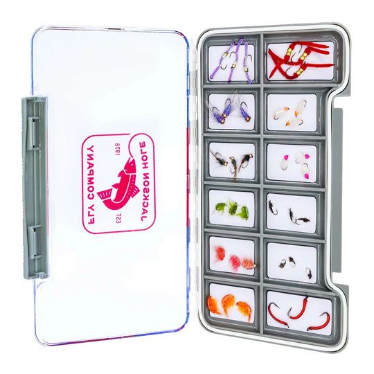 JHFLYCO Loaded Tailwater Nymph Assortment — 36 flies including scuds, Ray Charles sow bugs, worms and midges in a slim magnetic fly box