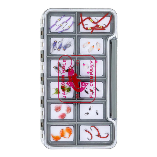 JHFLYCO Loaded Tailwater Nymph Assortment — 36 flies including scuds, Ray Charles sow bugs, worms and midges in a slim magnetic fly box