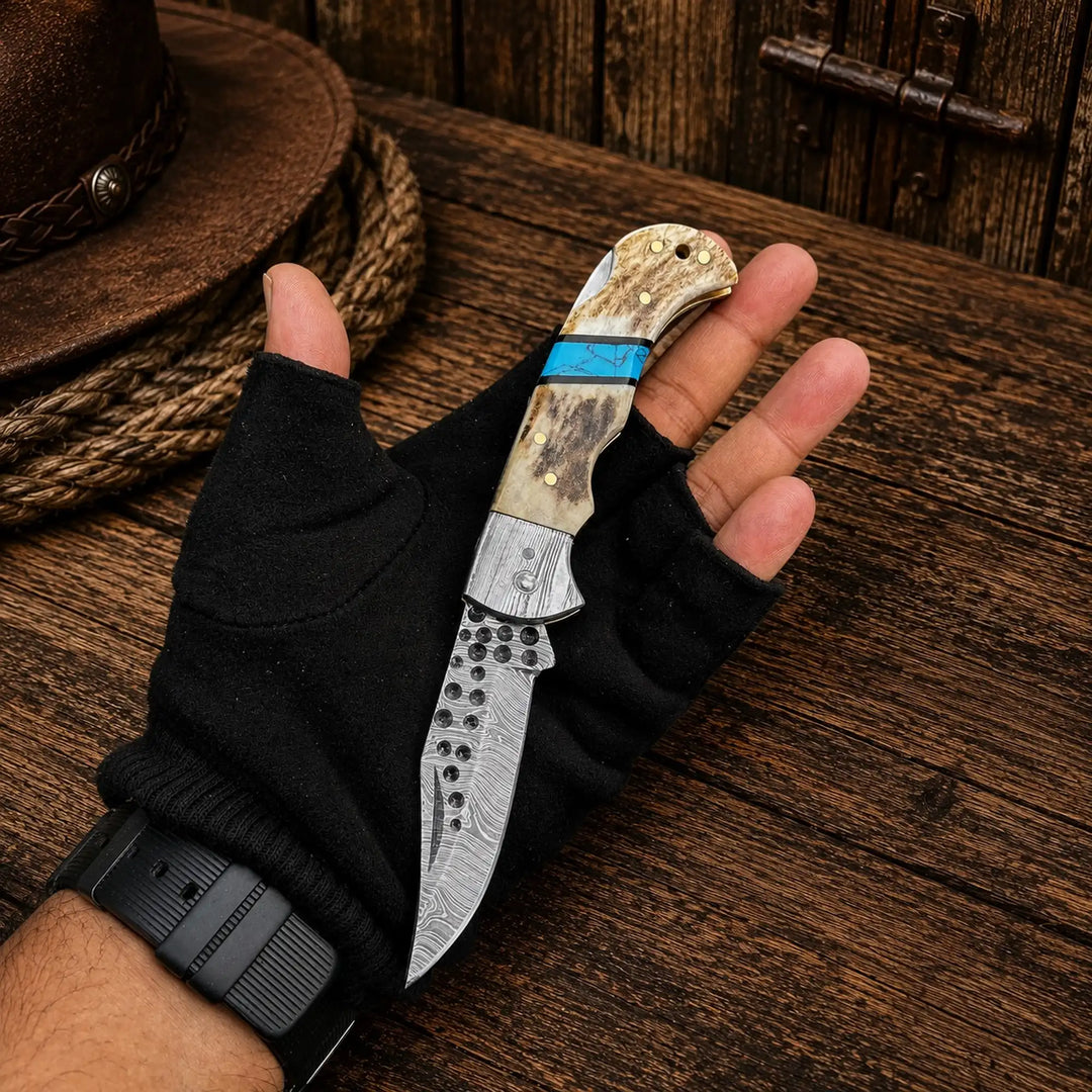 Cowboy Damascus Steel Folding Pocket Knife – Antler &amp; Turquoise Handle