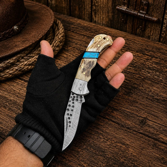Cowboy Damascus Steel Folding Pocket Knife – Antler &amp; Turquoise Handle