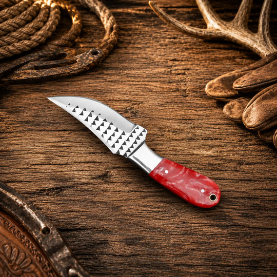 Hand-Forged Rasp Steel Cowboy Skinning Knife – Epoxy Resin Handle &amp; Pancake Leather Sheath