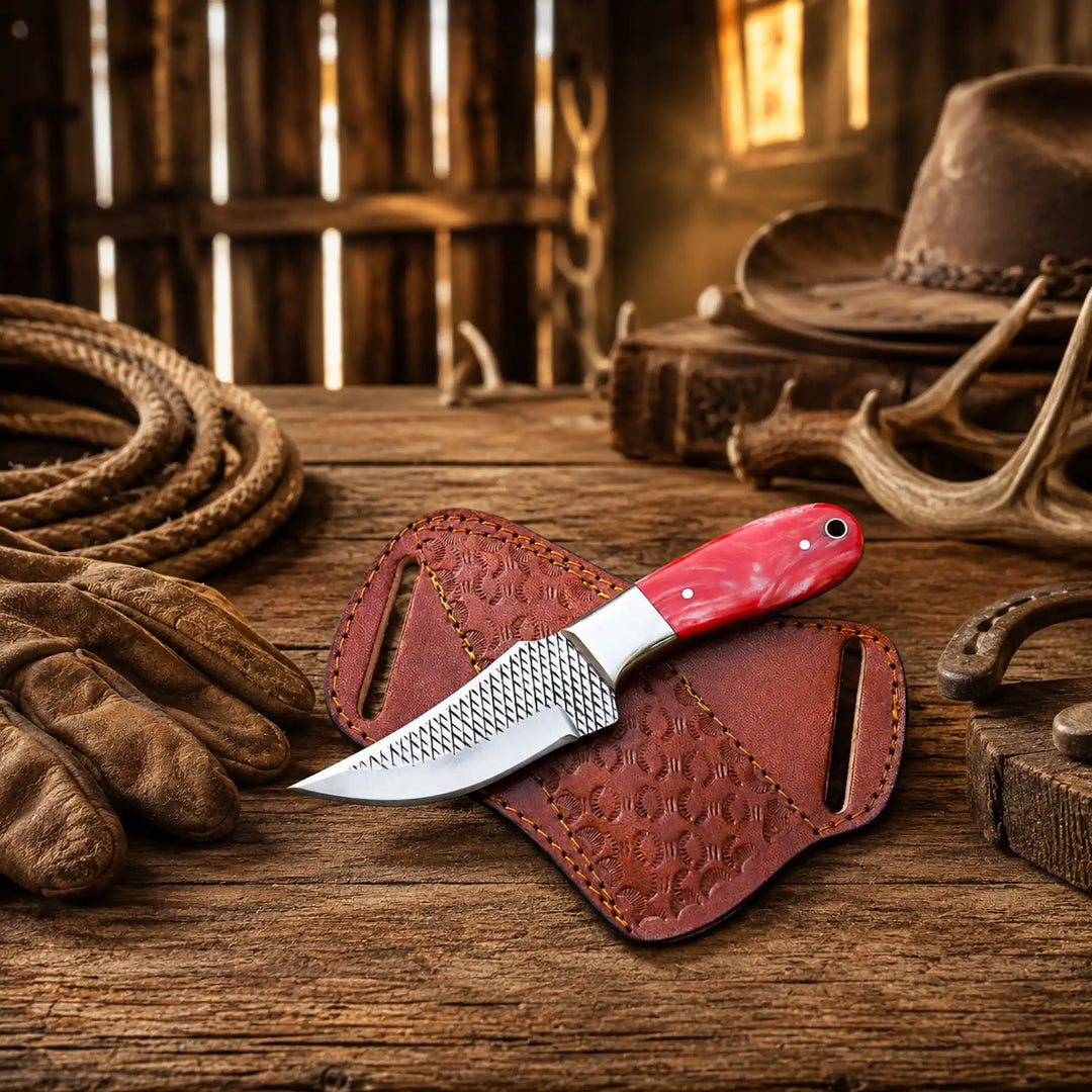 Hand-Forged Rasp Steel Cowboy Skinning Knife – Epoxy Resin Handle &amp; Pancake Leather Sheath