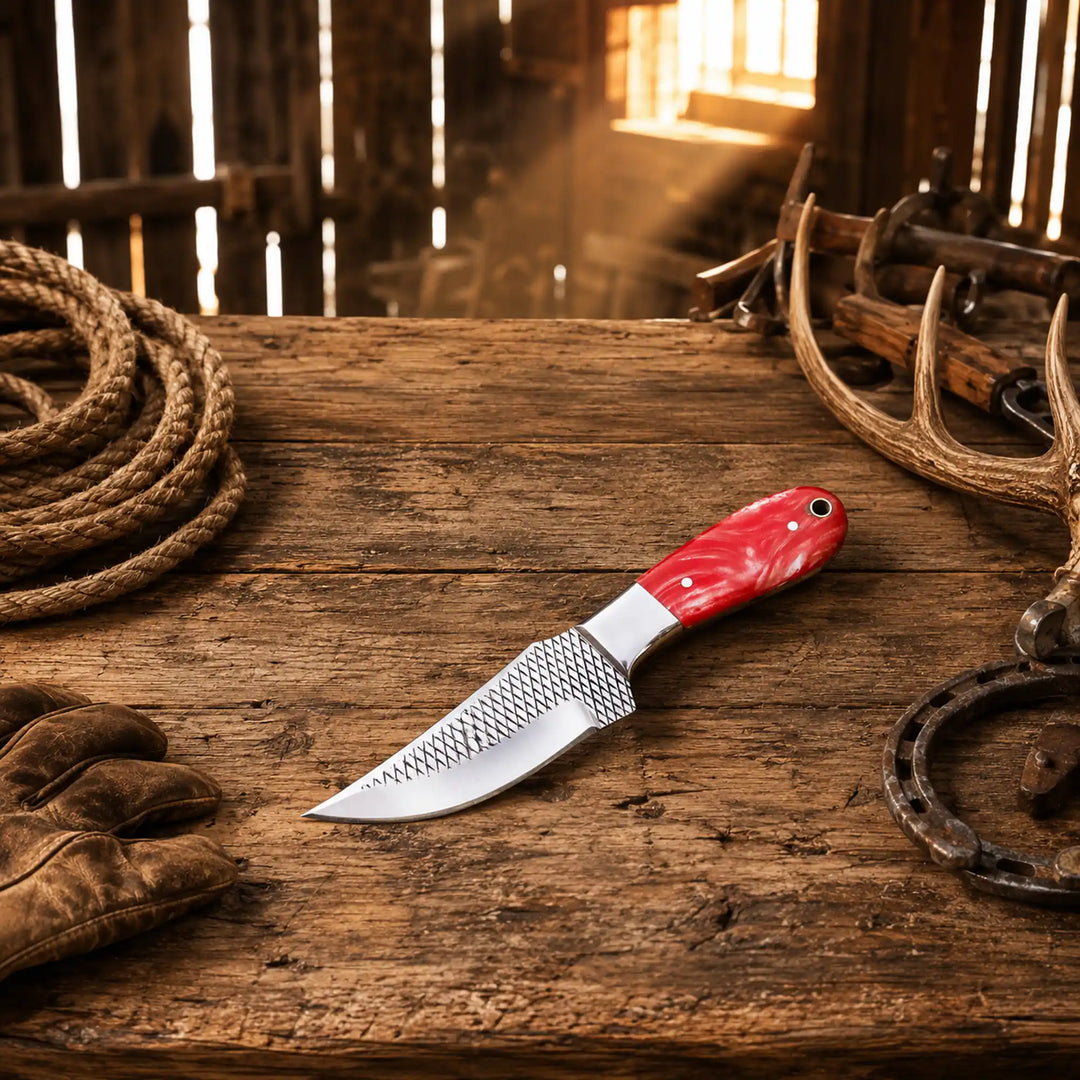 Hand-Forged Rasp Steel Cowboy Skinning Knife – Epoxy Resin Handle &amp; Pancake Leather Sheath