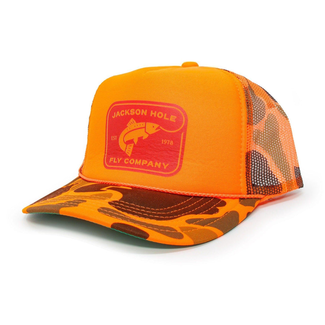 Jackson Hole Fly Company Foam Trucker Cap - Rectangle Logo Adjustable / Orange Camo Ball Cap