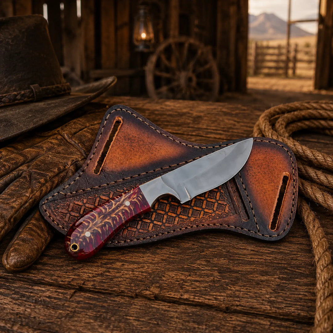 Ranch Hunting Knife with Belt Sheath – D2 Steel &amp; Pinecone Handle